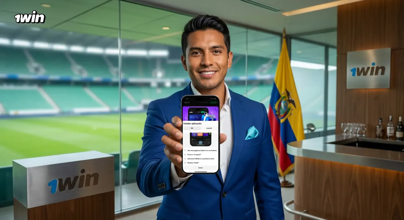 Hombre con traje azul mostrando en su celular las instrucciones para instalar la app de 1win en un salón con vista al estadio y la bandera de Ecuador